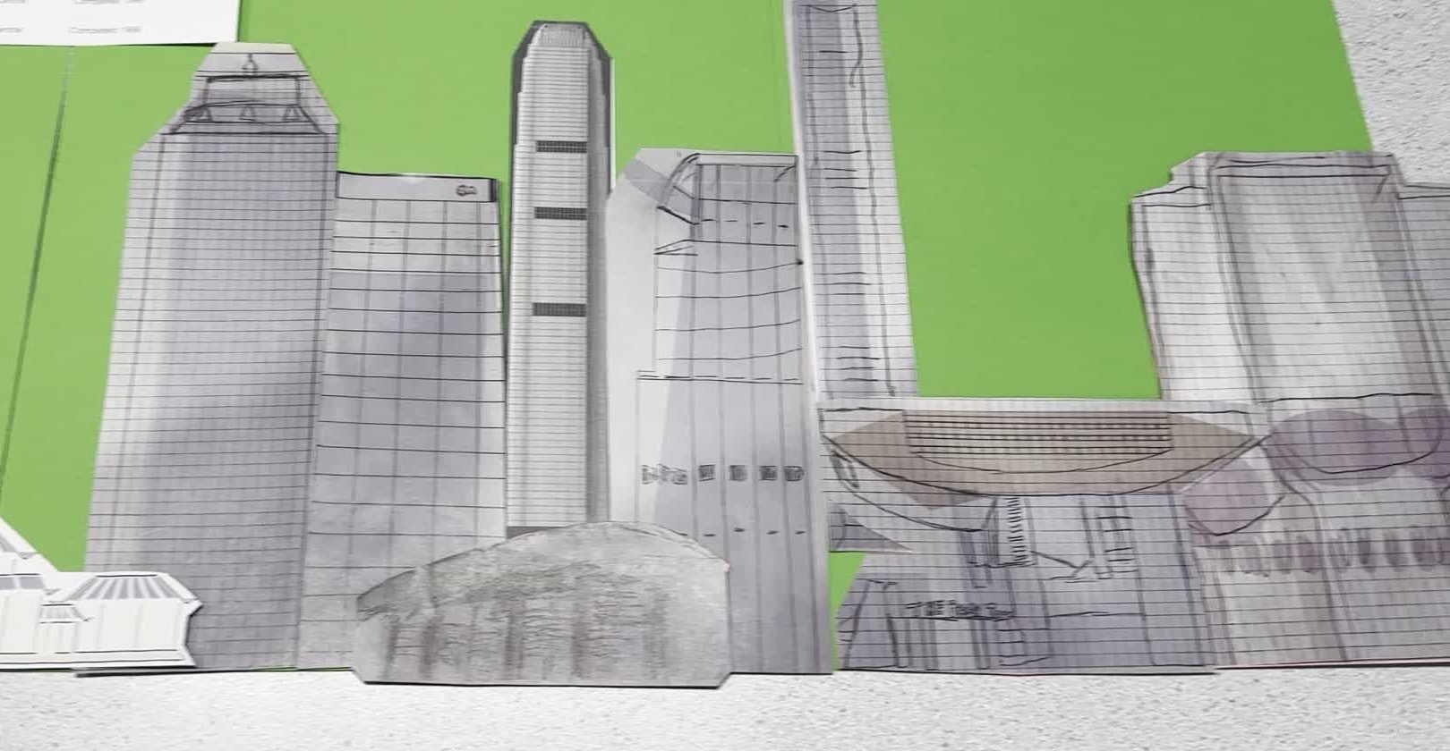 The modern end of the timeline: Bank of China Tower, Central Plaza, Chi Lin Nunnery, The Center, Cheung Kong Center and IFC2 clustered together