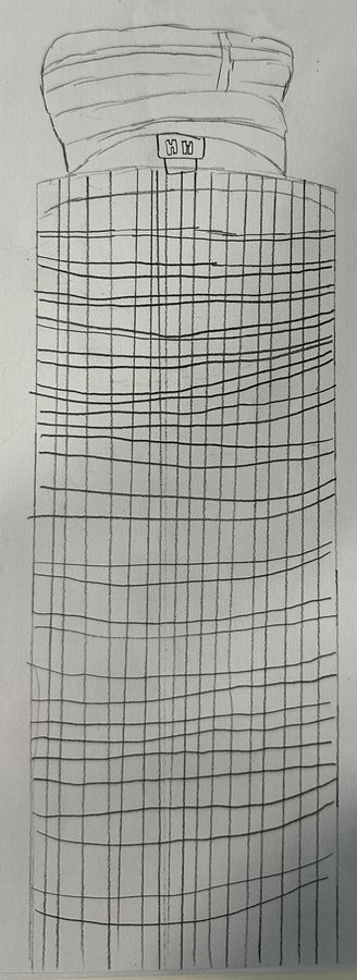 Hand drawing of the round Hopewell Centre tower on squared paper