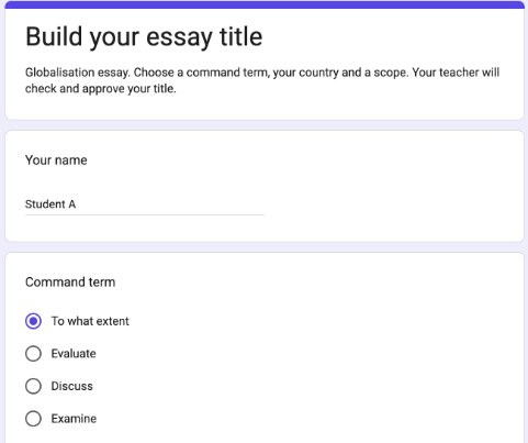 Google Form preview: Build your essay title, with the name box and the four command terms