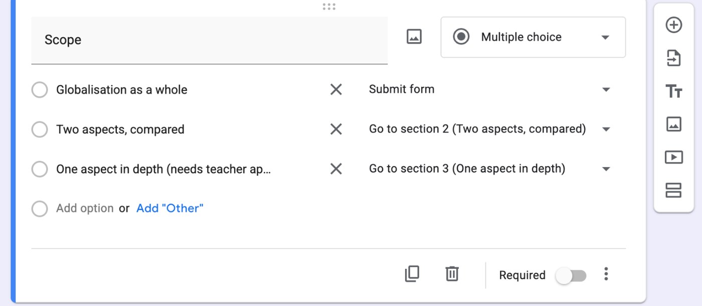 Google Forms editor: the Scope question with each option sent to a different section
