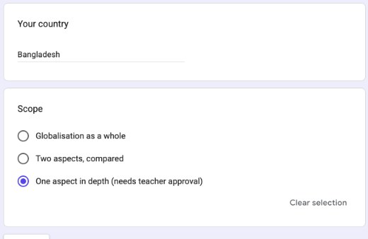 Google Form preview showing the country box and three scope options