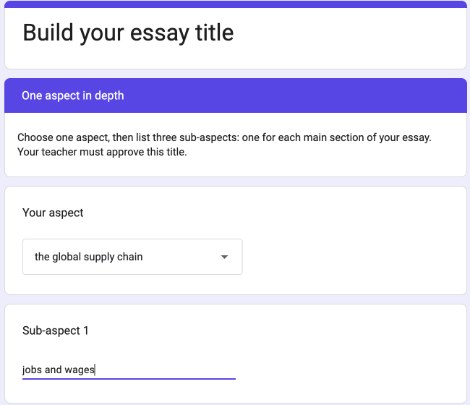 Google Form preview of the One aspect in depth section with an aspect drop-down and a sub-aspect box